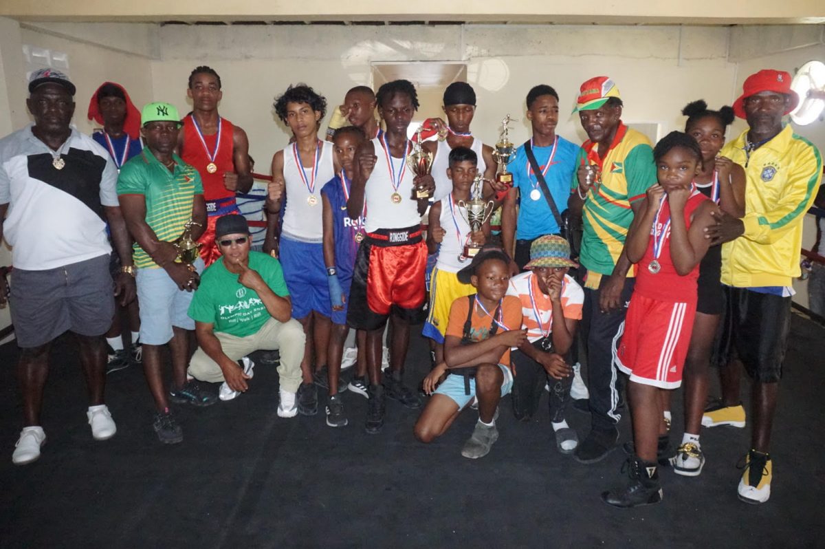 The combatants of the Guyana Boxing Association (GBA) Pepsi/Mike Parris U-16 tournament posed for a photo opportunity yesterday following the event at the Andrew ‘Sixhead’ Lewis Gym. (Emmerson Campbell photo)