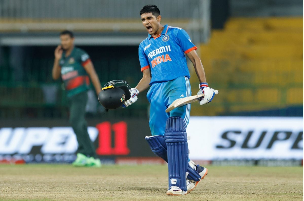 Shubman Gill exults after reaching three figures. (Reuters photo)
