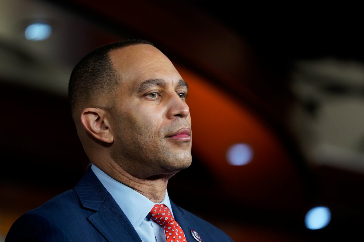 FILE PHOTO: U.S. Representative Hakeem Jeffries (D-NY) speaks to reporters after a Democratic Caucus meeting on Capitol Hill in Washington, U.S., February 2, 2022. REUTERS/Elizabeth Frantz