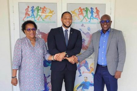 From left, Viviane Tchung Ming, Head of Cooperation Department, French Guiana, Gordon Tjouw Ngie Touw, Suriname’s Director of Sport and Steve Ninvalle, Guyana’s Director of Sport, following a meeting earlier this year in Paramaribo, Suriname