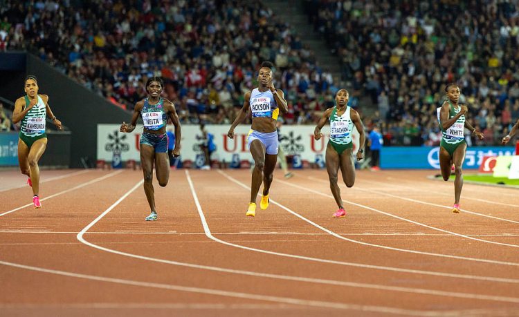  Jamaica’s Shericka Jackson wins the 200m in Zurich from Daryll Neita of Great Britain. 