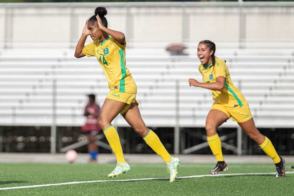 Jalade Trim celebrates after scoring against Dominica in the Road to Concacaf Gold Cup Qualifiers at the Wildey Stadium in Barbados