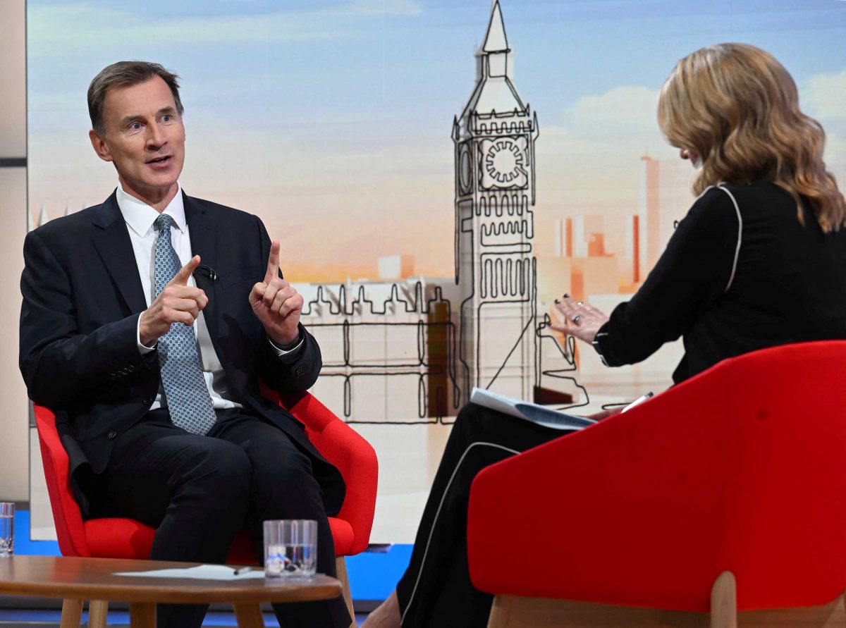 British Chancellor of the Exchequer Jeremy Hunt appears at BBC Sunday presented by Laura Kuenssberg, in London, Britain September 3, 2023.  Jeff Overs/BBC/Handout via REUTERS