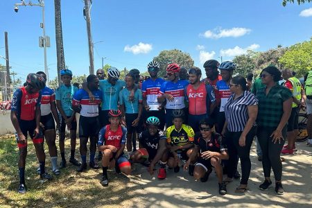 The respective winners of the various categories of yesterday’s Victor Macedo Memorial cycle event pose for a photo opportunity
