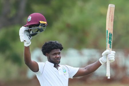  Left-hander Jordan Johnson hits through the off-side during his hundred against Sri Lanka Under-19s yesterday. (Photo courtesy CWI Media) 