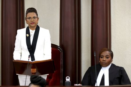 President Christine Kangaloo delivers an address in the chamber of the Assembly Legislature, Tobago House of Assembly, during her inaugural visit to Tobago yesterday. At right is the Presiding Officer, Abby Taylor.OFFICE OF THE CHIEF SECRETARY-THA

