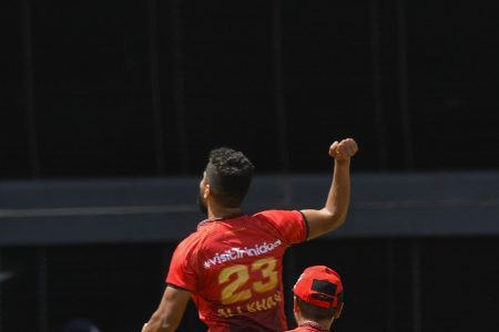 Ali Khan (L) and Waqar Salamkheil (R) of Trinbago Knight Riders celebrate their team’s defeat of the Jamaica Tallawahs yesterday in the Men’s 2023 Republic Bank Caribbean Premier League match in Bridgetown, Barbados. (Photo by Randy Brooks/CPL T20 via Getty Images)