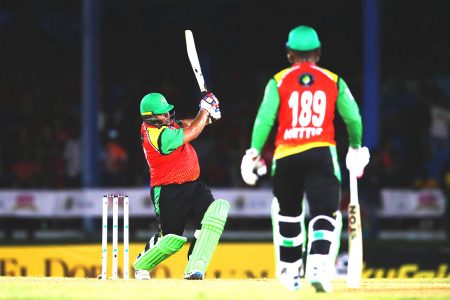 SEALED WITH A SIX! Azam Khan of Guyana Amazon Warriors bats during the Republic Bank Caribbean Premier League match against Trinbago Knight Riders Men at the Queen’s Park Oval last night. (Photo by Ashley Allen - CPL T20/CPL T20 via Getty Images)
