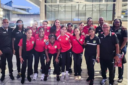 Members of the Lady Jaguars outfit following their arrival in Barbados for their second
group A match against Dominica in the Road to Concacaf W Gold Cup Qualifiers
