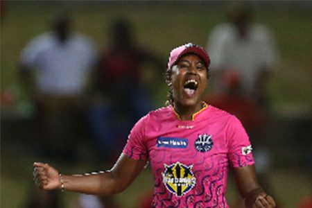 Hayley Matthews celebrates Barbados Royals’ capture of the Women’s Caribbean Premier League title. (Photo courtesy CPLT20/Getty Images) 