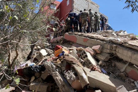 Rescuers carry a search operation following a powerful earthquake, in Amizmiz, in Morocco, September 9, 2023. REUTERS/Abdelhak Balhaki