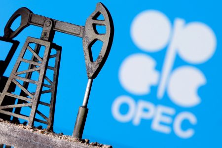 FILE PHOTO: A 3D-printed oil pump jack is seen in front of displayed OPEC logo in this illustration picture, April 14, 2020. REUTERS/Dado Ruvic/File Photo