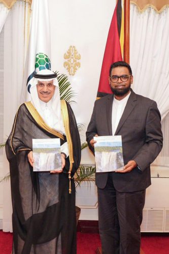 President Irfaan Ali (right) with the President of the Islamic Development Bank, Muhammed Sulaiman Al-Jasser yesterday at State House (Office of the President photo)
