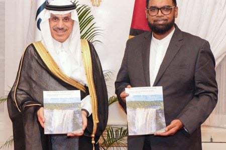 President Irfaan Ali (right) with the President of the Islamic Development Bank, Muhammed Sulaiman Al-Jasser yesterday at State House (Office of the President photo)
