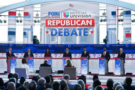 North Dakota Governor Doug Burgum, former New Jersey Governor Chris Christie, former South Carolina Governor Nikki Haley, Florida Governor Ron DeSantis, former biotech executive Vivek Ramaswamy, U.S. Senator Tim Scott (R-SC) and former U.S. Vice President Mike Pence participate in the second Republican candidates' debate of the 2024 U.S. presidential campaign at the Ronald Reagan Presidential Library in Simi Valley, California, U.S. September 27, 2023. REUTERS/Mike Blake