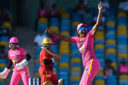 West Indies off-spinner Hayley Matthews (right) appeals for a wicket against TKR yesterday. (Photo courtesy CPLT20/Getty Images) 