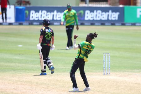 Shamar Springer of Jamaica Tallawahs celebrates getting the wicket of Will
Smeed of St Kitts and Nevis Patriots. (Photo courtesy CPLT20/Getty Images) 