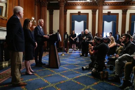 U.S. House Speaker Kevin McCarthy (R-CA) speaks with reporters after a House Republican conference meeting following a series of failed votes on spending packages at the U.S. Capitol ahead of a looming government shutdown in Washington, U.S. September 29,

