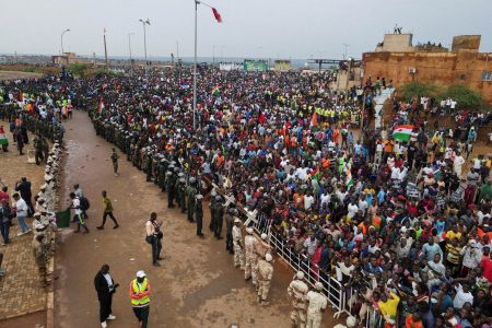 Thousands of Nigeriens gather in front of the French army headquarter, in support of the putschist soldiers and to demand the French army to leave, in Niamey, Niger September 2, 2023. REUTERS/Mahamadou Hamidou 