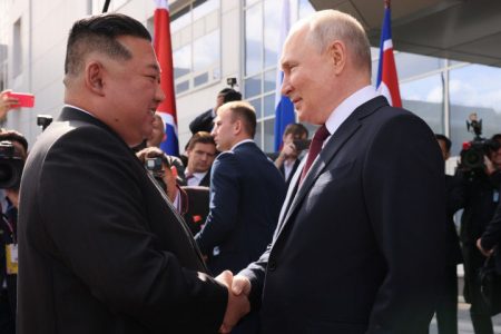 Russian President Vladimir Putin (right) greets North Korean leader Kim Jong Un during a visit to the Vostochny cosmodrome outside of the town of Tsiolkovsky (former Uglegorsk), some 180 km north of Blagoveschensk in Amur region, Russia on 13 September, 2023. (Photo: Vladimir Smirnov) 