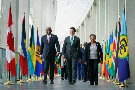 Caricom Chairman and Dominican PM Roosevelt Skerrit (left), Canadian PM Justin Trudeau (centre) & Caricom Secretary General Carla Barnett (right) at Canada-Caricom Summit in Ottawa, Canada