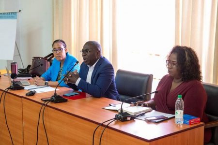 Minister within the Office of the Prime Minister with responsibility for Public Affairs Kwame McCoy (centre) yesterday, as he addressed participants at a Communication Refresher Training Course. (DPI photo)
