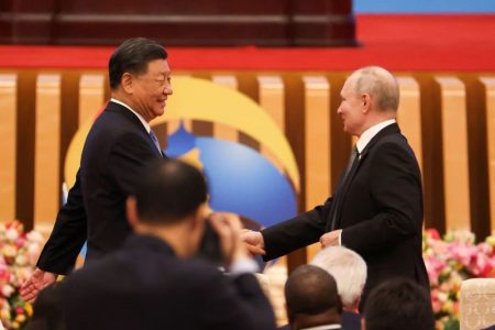 Reuters. Chinese President Xi Jinping greets Russian President Vladimir Putin as they attend the opening ceremony of the Belt and Road Forum (BRF), to mark the 10th anniversary of the Belt and Road Initiative at the Great Hall of the People in Beijing, October 18,