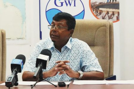 Guyana Water Incorporated CEO Shaik Baksh at a press briefing at GWI’s headquarters at Shelterbelt, Georgetown