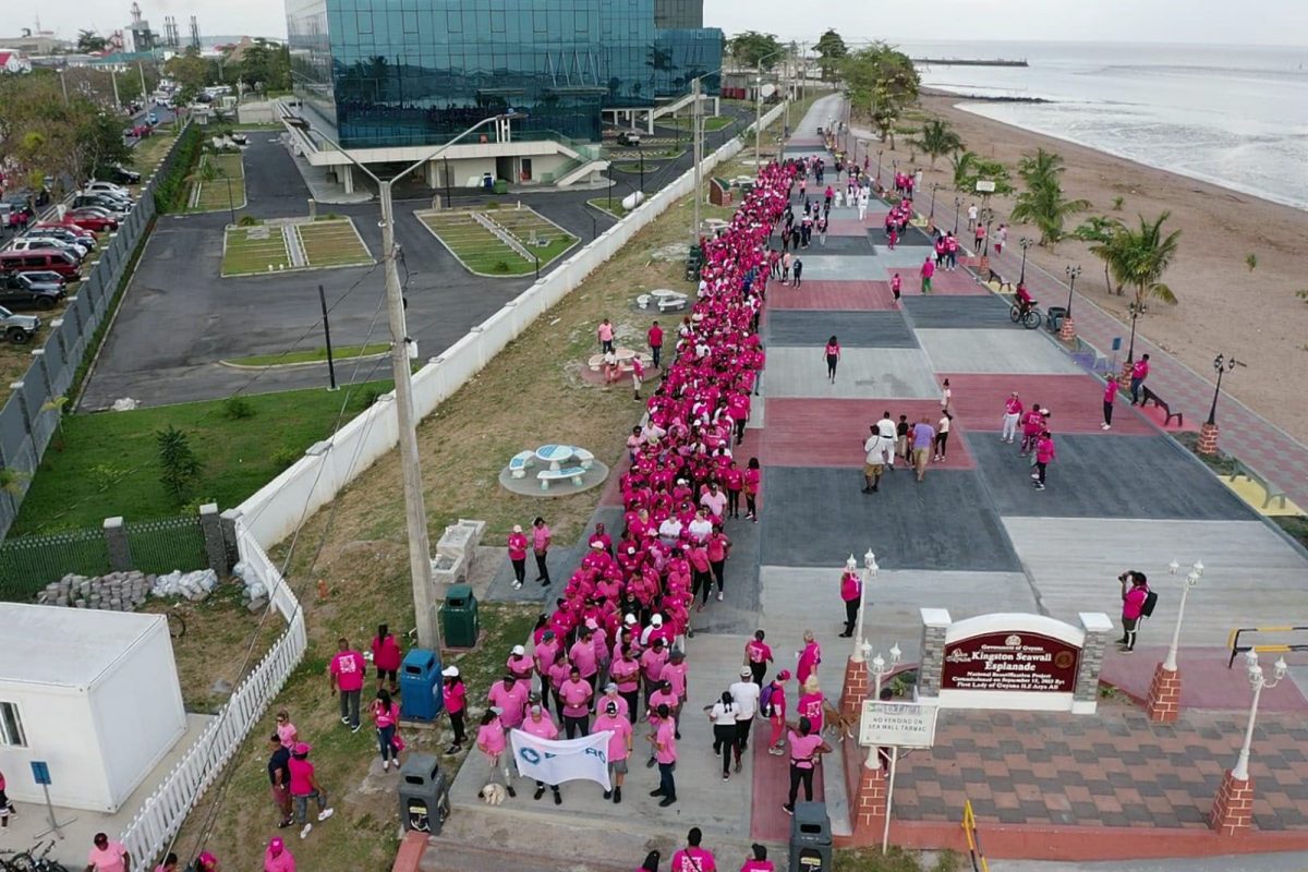 Hundreds turned up to support the Guyana Cancer Foundation’s breast cancer walk yesterday. In this photograph some of those who participated are seen in the vicinity of the seawalls. (Guyana Police Force’s photo)