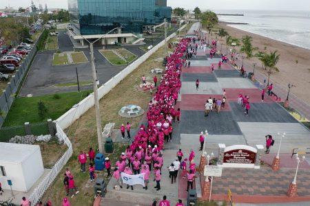 Hundreds turned up to support the Guyana Cancer Foundation’s breast cancer walk yesterday. In this photograph some of those who participated are seen in the vicinity of the seawalls. (Guyana Police Force’s photo)