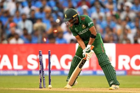 Demolished! Bangladesh’s Mohammad Mahmudullah is bowled by a Jasprit Bumrah yorker for 46
