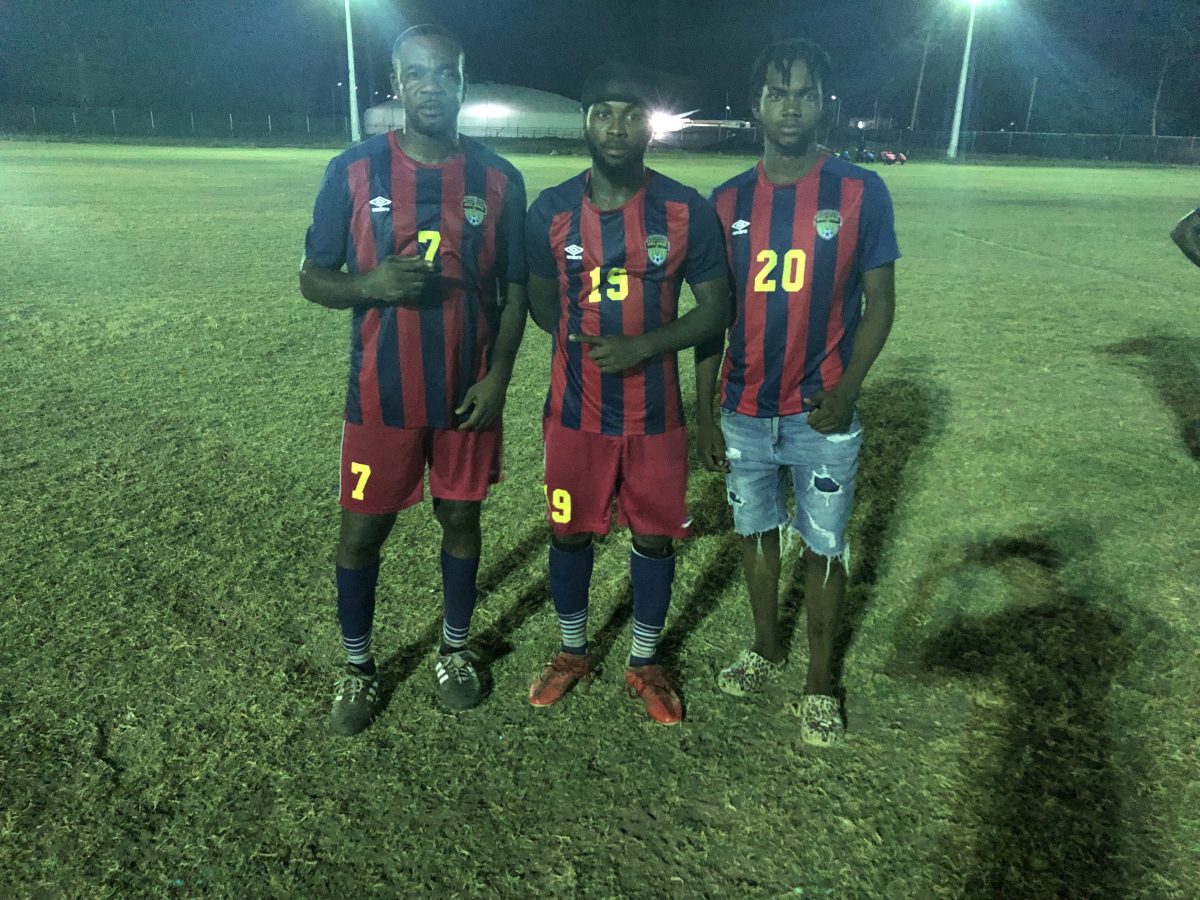 Dynamic FC scorers from left Dwain Jacobs, Marlon Forrester, and Tyrice Dennis
