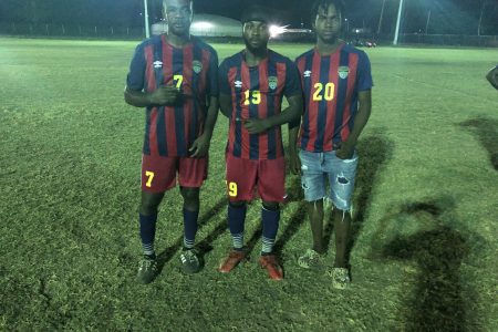 Dynamic FC scorers from left Dwain Jacobs, Marlon Forrester, and Tyrice Dennis