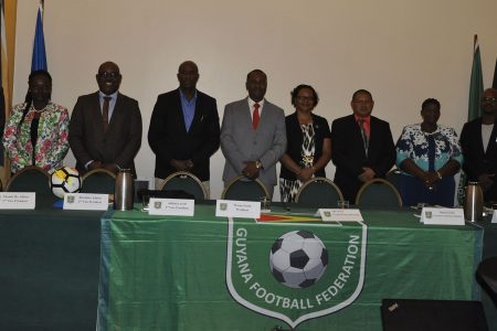 3rd Term! President of the GFF Wayne Forde (3rd right) poses with executive members (from left) Raiyan Farias, Keith O’Jeer, Dion Inniss, Bruce Lovell (Brig Ret’d), and Magzene Stewart following their re-election to the office in 2019 at the Marriott Hotel