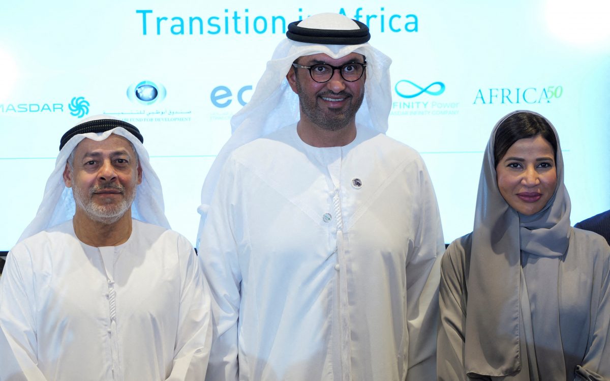 FILE PHOTO: COP28 President Sultan Al Jaber poses for a photograph with delegates from the UAE after a news conference following his announcement that the UAE was pledging $4.5 billion dollars to develop 15 GW of clean power in Africa by 2030, on the sidelines of the Africa Climate Summit (ACS) 2023 in Nairobi, Kenya, September 6, 2023. REUTERS/Christophe Van Der Perre/File Photo