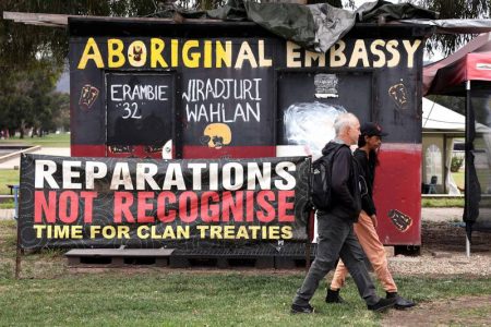 A banner promoting the recognition movement for Indigenous people in the Australian capital of Canberra on Sunday. AFP
