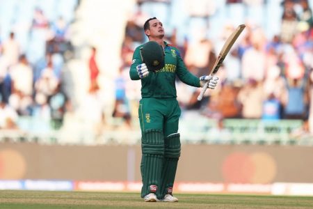 Quinton de Kock celebrates after scoring a
century against Australia from 90 balls