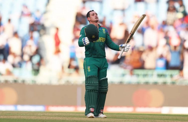 Quinton de Kock celebrates after scoring a
century against Australia from 90 balls