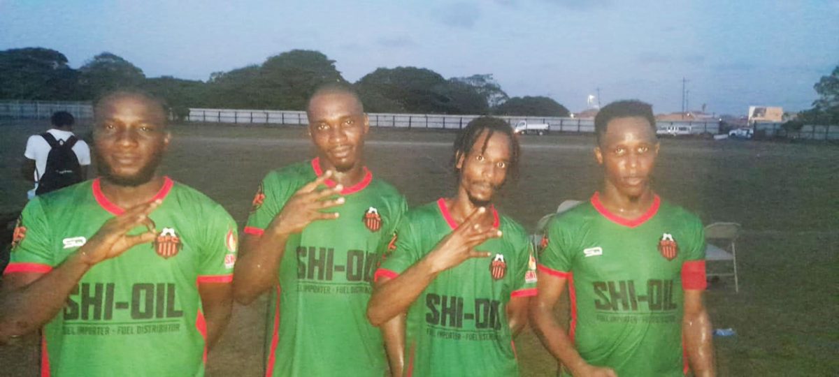 Slingerz FC scorers from left: Lennox Younge, Delon Lanferman, Deon Alfred and Clive Nobrega.
