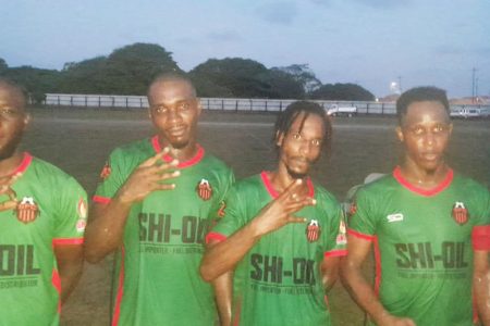 Slingerz FC scorers from left: Lennox Younge, Delon Lanferman, Deon Alfred and Clive Nobrega.
