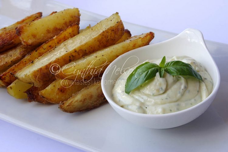 Oven roasted potato wedges with sweet basil mayo (Photo by Cynthia Nelson)