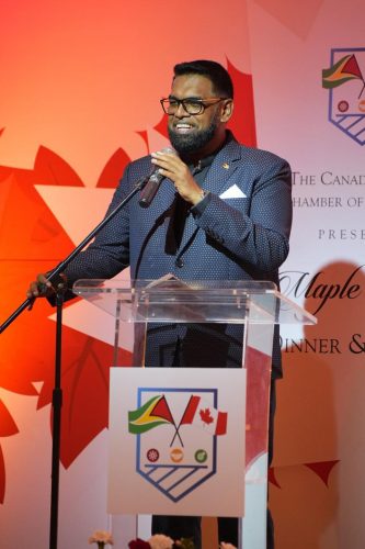 President Irfaan Ali speaking at the Marriott Hotel event on Friday (Office of the President photo)