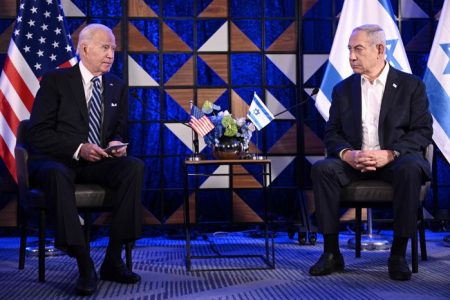 US President Joe Biden (L) meets with Israel’s Prime Minister Benjamin Netanyahu in Tel Aviv on October 18, 2023, amid the ongoing battles between Israel and the Palestinian group Hamas.
brendan smialowski/Agence France-Presse/Getty Images