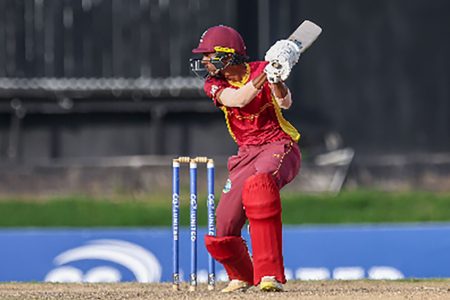 Teddy Bishop cuts during his unbeaten half-century for West Indies Academy at Queen’s Park Oval yesterday. (Photo courtesy CWI Media)