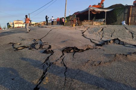 The bulge caused by the shifting ground at Red Road at Providence, East Bank Demerara