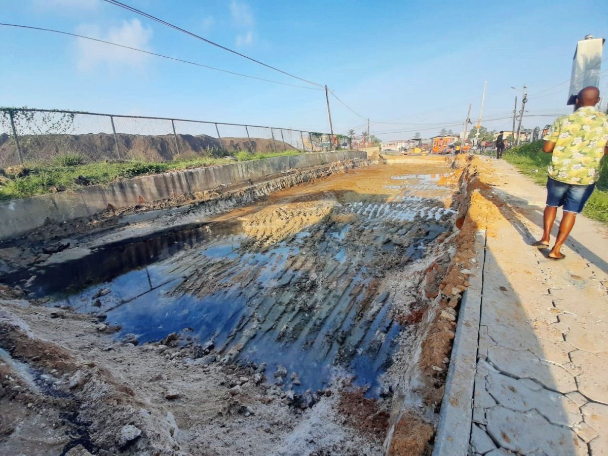 The damaged section of the road that was excavated on Thursday night