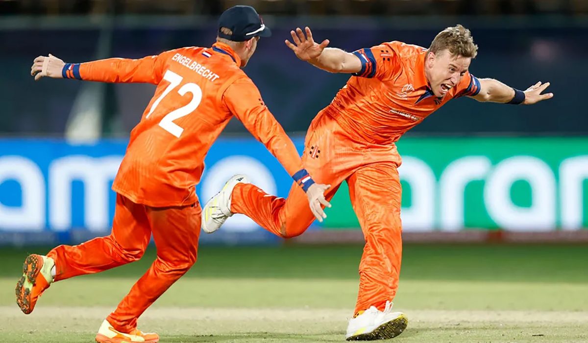 DUTCH DELIGHT! The Netherlands players are cock-a-hoop with the win. (Twitter photo)