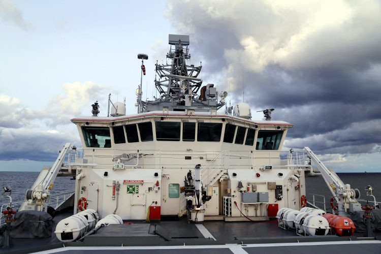 The picture provided by The Finnish Border Guard shows Finnish Border Guard's offshore patrol vessel Turva guarding on October 10, 2023 at sea near the place where damaged Balticconnector gas pipeline is pinpointed at the Gulf of Finland. Finnish and Estonian gas network companies noticed an unusual drop in pressure in the Balticconnector natural gas pipeline between Finland and Estonia early on Sunday. Lehtikuva/Finnish Border Guard/Handout via REUTERS