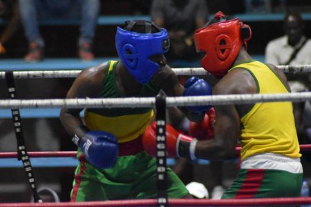 ALL GDF ENCOUNTER! Joseph Gardner (RED) clinched the Junior Welterweight title with a points victory over Ronnel Captain (BLUE). GDF successfully defended their National Novice Boxing Championship over the weekend.
