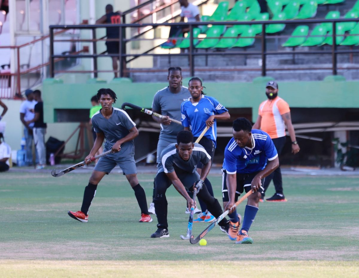 Action in the GHB Farfan & Mendes men’s first-division league at the Providence National Stadium Sunday